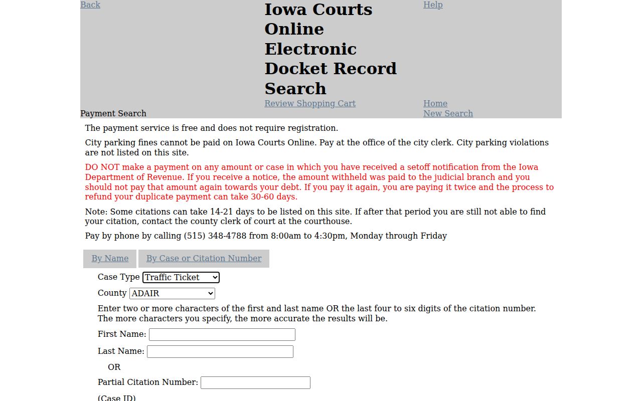 Page County warrant-related court payment search fields
