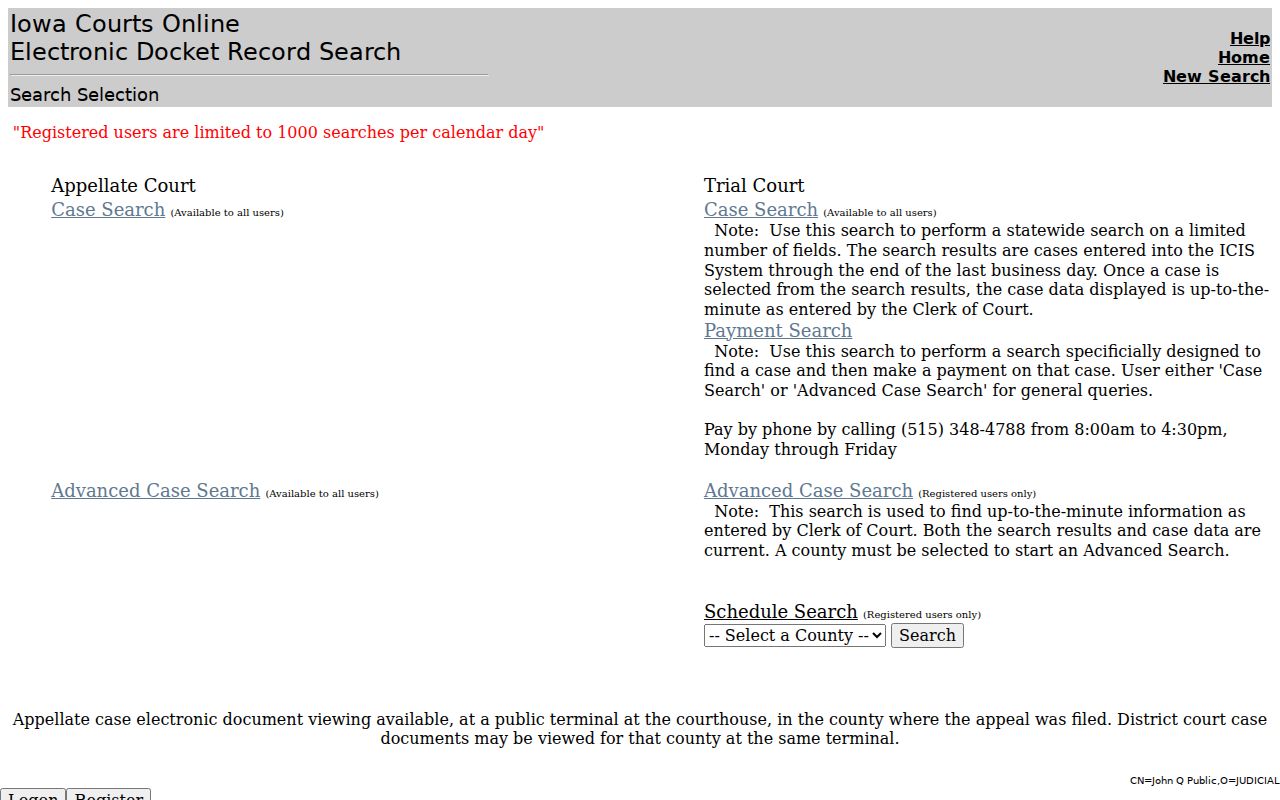Page County warrant lookup fields in Iowa Trial Court Case Search