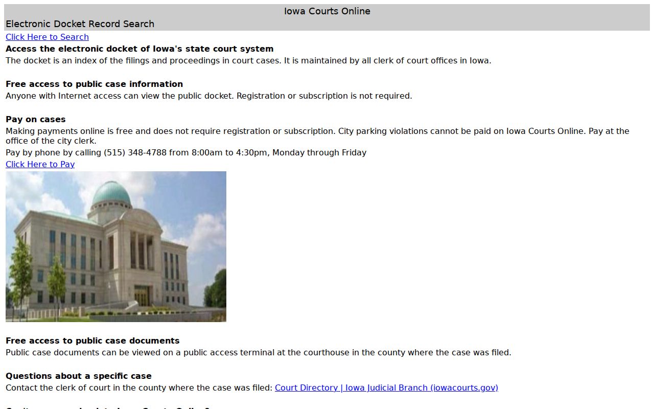 Iowa Courts Online public docket landing screen for Page County searches